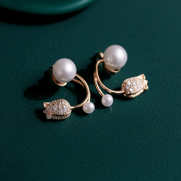 Beautiful Pearl Zircon Korean Flower Earrings For Women – Elegant Floral Design With Sparkling Zircon And Pearl Detailing | Premium Silver And Golden Fashion Jewelry For Parties, Weddings, And Daily Wear | Awt-999