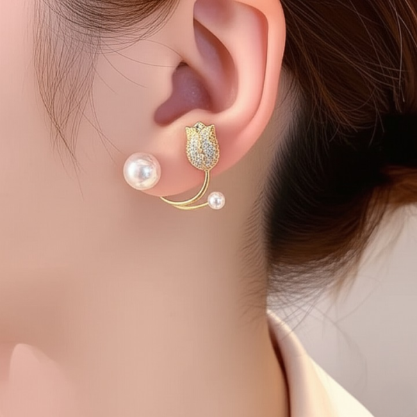 Beautiful Pearl Zircon Korean Flower Earrings For Women – Elegant Floral Design With Sparkling Zircon And Pearl Detailing | Premium Silver And Golden Fashion Jewelry For Parties, Weddings, And Daily Wear | Awt-999