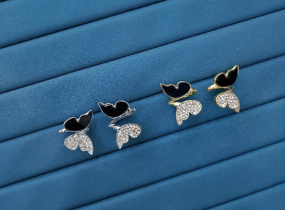 Zircon Butterfly Style Earrings For Women – Elegant Golden & Silver Studs With Black Enamel And Sparkling Stones (awj-997)